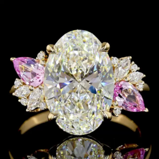 Luxury Oval Lab Grown Diamond Ring with Pink Marquise Side Stones
